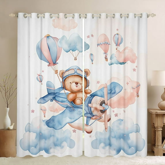 Manfei Cartoon Bear Curtains Pack of 2 (42x84 Each),Watercolor Aircraft Airplane Curtains Blackout,White Blue Brown Bedroom Curtains For Girls,Breathable Home Decor