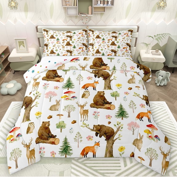 Manfei Cartoon Bear Deer Full Size Comforter Sets for Kid, Mushroom Plant Botanical Bedding Comforter Set, Kawaii Fox Owl Reversible Bedding Sets, Ultra Soft Bedroom Decor, 3 Pieces