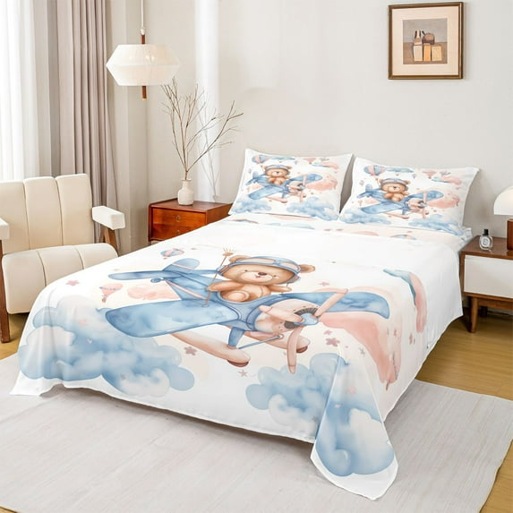 Manfei Cartoon Bear Full Size Sheets,Watercolor Aircraft Airplane Bed Sheets,White Blue Brown Sheet Sets For Girls,Breathable Home Decor,4 Pieces