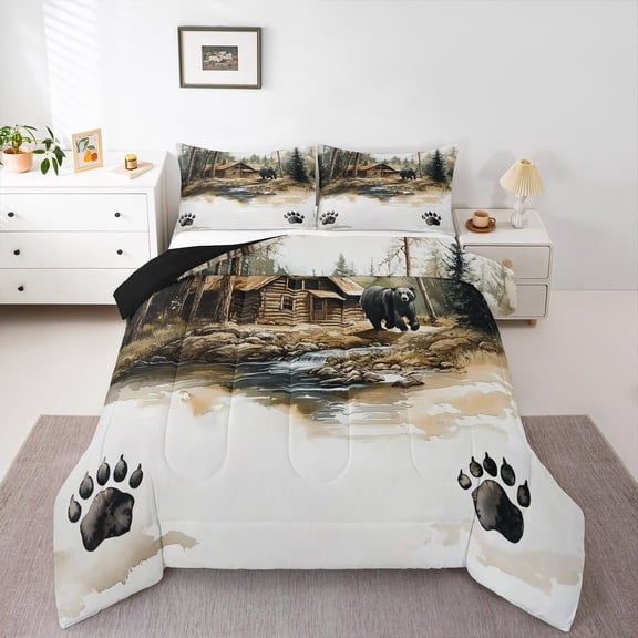 Manfei Cartoon Bear Print Queen Comforter Set for Teen, Rustic Farmhouse Bedding Sets, Jungle Wildlife Reversible Bedding Comforter Set, Breathable Home Decor, 3pcs