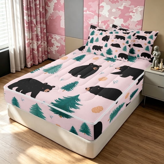 Manfei Cartoon Bear Zipper Full Size Comforter Sets with Fitted Sheet and 2 Pillowcases, Woodland Jungle Tree Zipper Bedding Set, Pink Green, Pink Reversible, 4-Piece