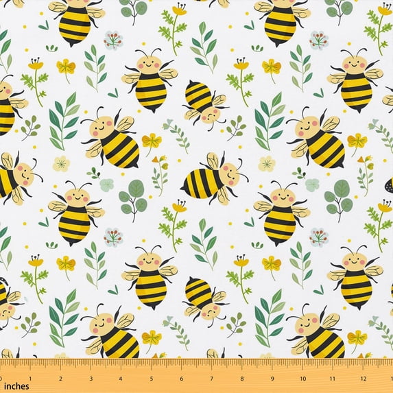 Manfei Cartoon Bee Fabric by the Yard 10 Yards, Cute Flower Home Decor Fabric by the Yard, White Green Bee