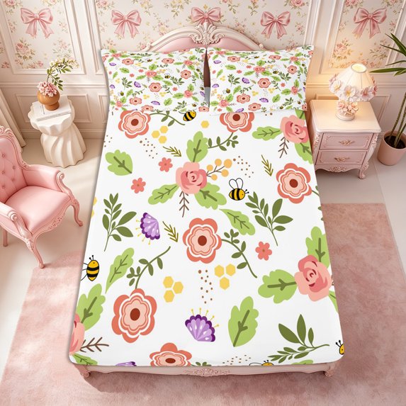 Manfei Cartoon Bee Fitted Sheet Queen 3-Piece,Rose Flowers Bedding,1 Fitted Sheet and 2 Pillowcases