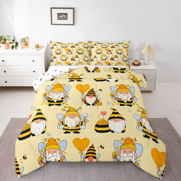 Manfei Cartoon Bee Gnome Bedding Comforter Set,Heart Bollon Twin Comforter Sets,Kawaii Daisy Flower Bedding Set For Girls,Yellow White Home Decor Reversible,2 Pieces