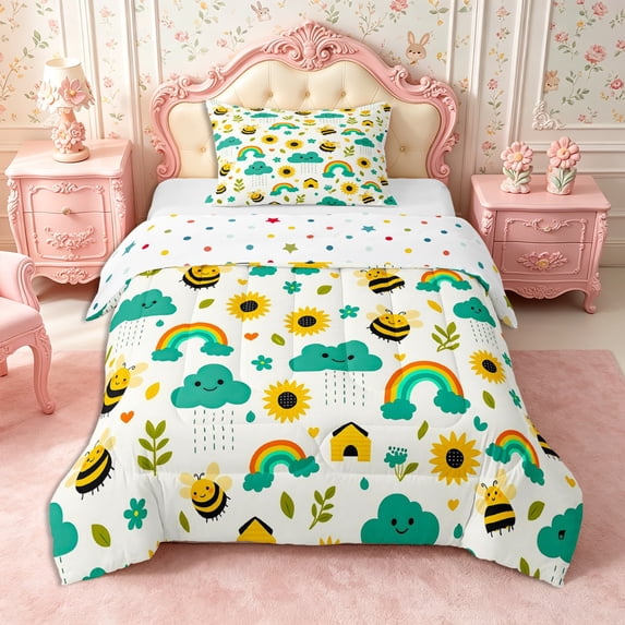 Manfei Cartoon Bee Twin Comforter Sets 2pcs,Floral Animal Bedding Set,1 Comforter and 1 Pillowcase,Reversible