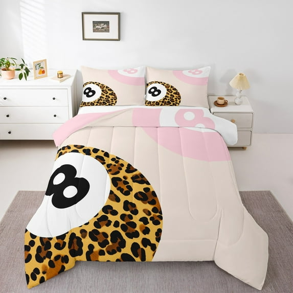 Feelyou Cartoon Billiards Queen Comforter Set, Leopard Cheetah Print Bedding Sets, Boys Girls Preppy Bedding Comforter Set, Microfiber Room Decorative, 3pcs