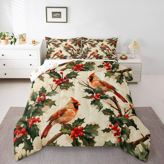 Manfei Cartoon Bird Child Bedding Comforter Set, Vintage Winter Floral Twin Comforter Sets, Kawaii Christmas Animal Reversible Bedding Set, Luxury Bedroom Decor, 2 Pieces