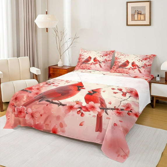 Manfei Cartoon Bird Child Full Size Sheets, Pink Blossoms Floral Bed Sheets, Kawaii Christmas Animal Microfiber Bedroom Decor, 4 Pieces