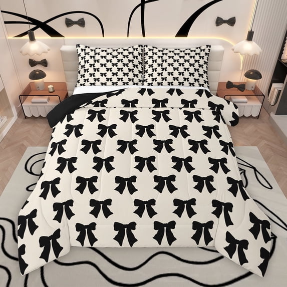 Manfei Cartoon Black Bow Bedding Comforter Set, Cute Ribbon Bow-tie Twin Comforter Sets, Teens Kids Girls Reversible Bedding Set, Luxury Bedroom Decor, 2-Piece