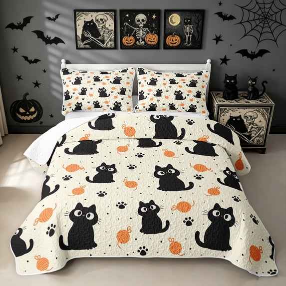 Manfei Cartoon Black Cat Quilt King, Kawaii Kitten Paw King Coverlet Set, Cream Orange, 3 Pieces, 1 Bedspread and 2 Pillowcases