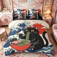 thumbnail image 1 of Manfei Cartoon Black Cat Twin Bedding Sets for Girls Women, Ramen Wave Bedding Comforter Set, Beige Blue Red, Black Reversible7 Pieces, 1 of 6