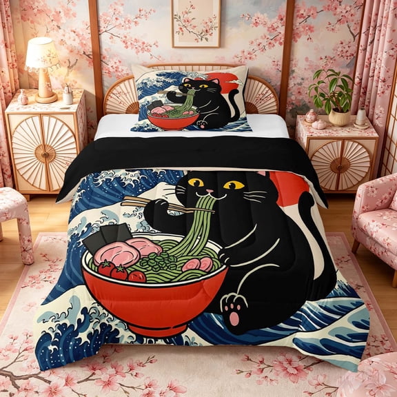 Manfei Cartoon Black Cat Twin Comforter Sets for Girls Women, Ramen Wave Bedding Set, Beige Blue Red, Black Reversible 2 Pieces, 1 Comforter and 1 Pillowcase