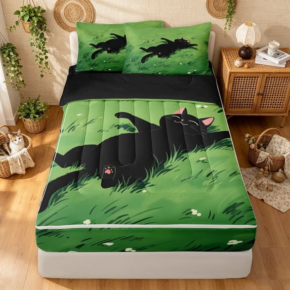 Manfei Cartoon Black Cat Zipper Twin Comforter Sets with Fitted Sheet and 2 Pillowcases, Grass Meadow Zipper Bedding Set, Green, Black Reversible, 4-Piece