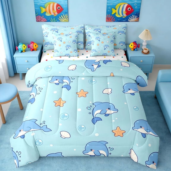 Manfei Cartoon Blue Dolphin Starfish Seashell Twin Bedding Sets for Kids Boys and Girls, Marine Life Print Bedding Comforter Set, Polka Dots Reversible 7pcs