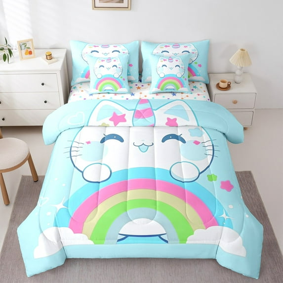 Manfei Cartoon Blue Kitten Bedding Comforter Set 7pcs, Cute Cat Animal Queen Bedding Sets, Princess Rainbow Reversible Queen Sheet Sets, Microfiber Bedroom Decor