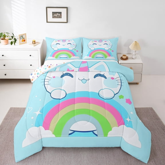 Manfei Cartoon Blue Kitten Queen Comforter Set, Cute Cat Animal Bedding Sets, Princess Rainbow Reversible Bedding Comforter Set, Microfiber Bedroom Decor, 3 Pieces
