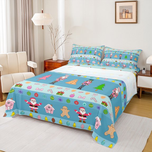 Manfei Cartoon Blue Nutcracker Full Size Sheets for Teens, Fairy Tale Santa Claus Bed Sheets, Happy New Year Sheet Sets, Luxury Bedroom Decor, 4-Piece