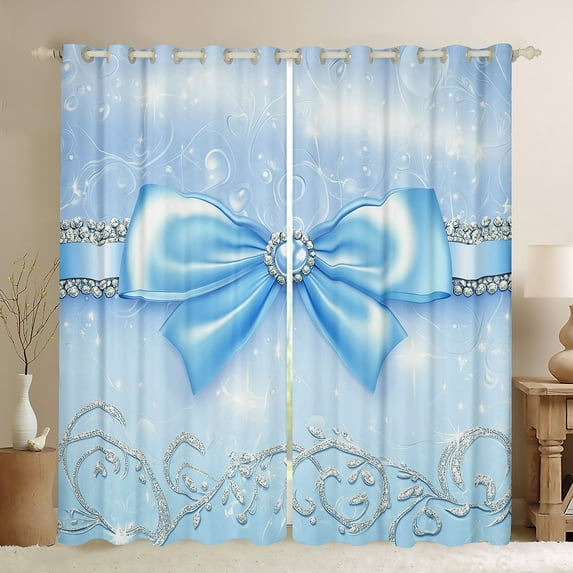 Manfei Cartoon Blue Ribbon Curtains Pack of 2 (42x84 Each), Princess Bowknot Bow Curtains Blackout, Teen Boy Girl Kid Bedroom Curtains, Window Curtains Room Decor