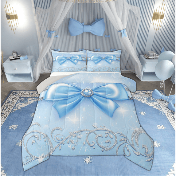 Manfei Cartoon Blue Ribbon Full Size Comforter Sets, Princess Bowknot Bow Bedding Comforter Set, Teen Boy Girl Kid Reversible Bedding Sets, Super Cozy Room Decor, 3-Piece