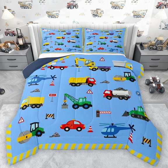 Manfei Cartoon Blue Truck Bedding Comforter Set for Child, Construction Vehicle Twin Comforter Sets, Kawaii Airplane Car Reversible Bedding Set, Ultra Soft Bedroom Decor, 2pcs