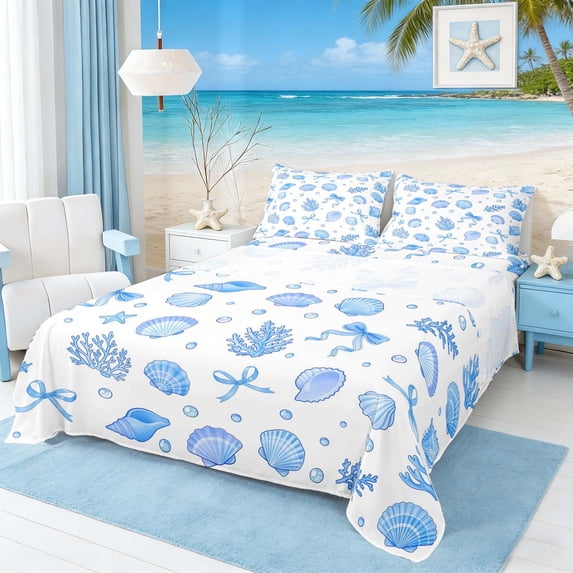 Manfei Cartoon Blue White Seashell Full Size Sheets for Kids Boys and Girls, Coral Bow Bed Sheets 4 Pieces, 1 Flat Sheet, 1 Fitted Sheet and 2 Pillowcases