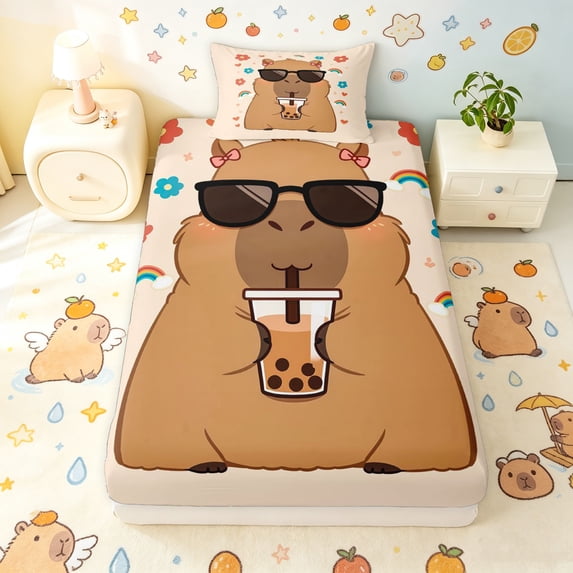 Manfei Cartoon Boba Capybara Twin Fitted Sheet, Cute Rainbow Floral Bedding, Bisque, 2-Piece, 1 Fitted Sheet and 1 Pillowcase