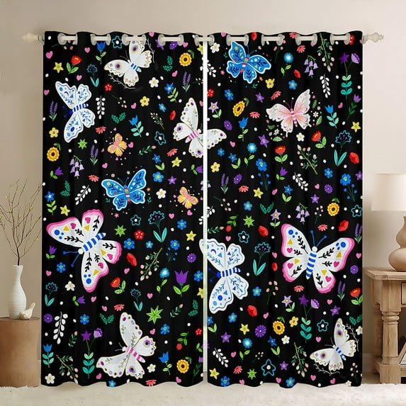 Manfei Cartoon bohemian Butterflies Curtains Pack of 2 (42x84 Each),Cute Daisy Flower Curtains Blackout,Colorful Floral Bedroom Curtains For Girl,Luxury Bedroom Decor