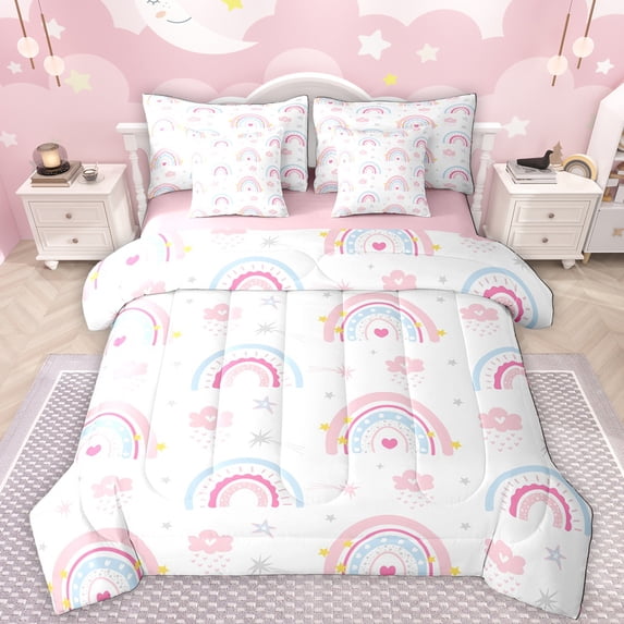 Manfei Cartoon bohemian Rainbow 7pcs Bedding Comforter Set,Clouds Stars Pattern Queen Bedding Sets,Pink White Blue Queen Sheet Sets For Girls Teens,Luxury Bedroom Decor Reversible