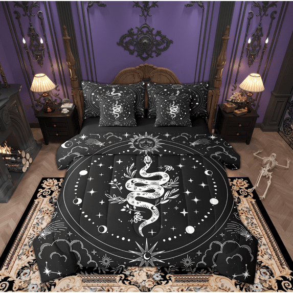 Manfei Cartoon Boho Snake Twin Bedding Sets 7-Piece for Teen, Vintage Mystic Galaxy Bedding Comforter Set, Tribal Animal Reversible Sheet Sets, Breathable Home Decor