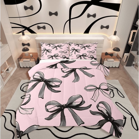 Manfei Cartoon Bow 3-Piece Full Size Comforter Sets,Black Pink Bedding Comforter Set,Dreamy Princess Lightweight Bedding Sets,Breathable Kawaii Bedroom Decorative,Reversible