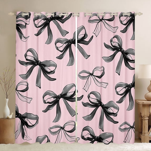 Manfei Cartoon Bow Black Out Curtains,Black Pink Curtains Pack of 2 (42x63 Each),Dreamy Princess Bedroom Curtains,Breathable Kawaii Bedroom Decorative