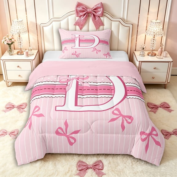 Manfei Cartoon Bow D Personalized Initial Polka Dots Twin Comforter Sets 3-Piece for Kids Girls,Romantic Sweet Bow Knot Stripes Bedding Set,Pink Reversible,Breathable Home Decor