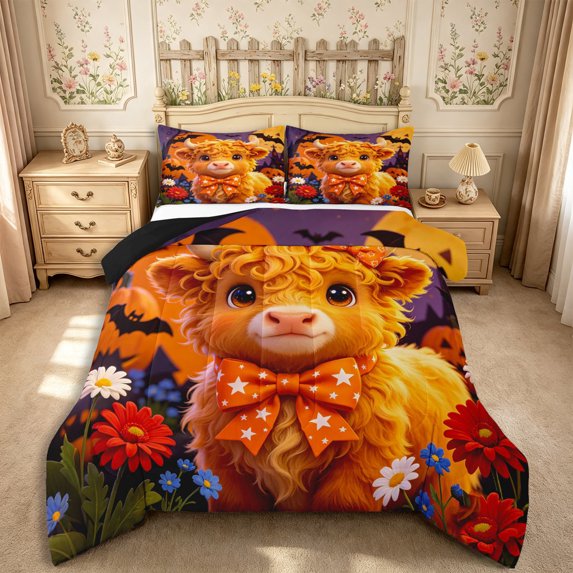 Manfei Cartoon Bow Highland Cow Full Size Comforter Sets 3-Piece,Happy Halloween Bedding Comforter Set,Orange Purple,1 Comforter and 2 Pillowcases,Reversible
