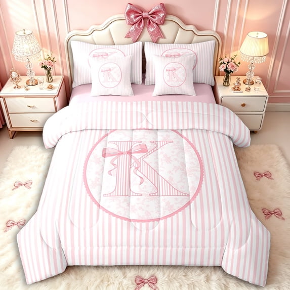Manfei Cartoon Bow K Personalized Initial Twin Bedding Sets 7-Piece for Teens Female,Kids Girls Geometric Stripes Chic Flowers Bedding Comforter Set,Pink Reversible,Ultra Soft Home Decor