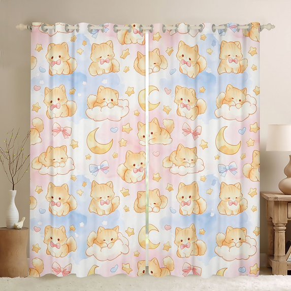 Manfei Cartoon Bow Kitten Blackout Curtains, Watercolor Galaxy Cloud Curtains Pack of 2 (42x84 Each), Pink Cream