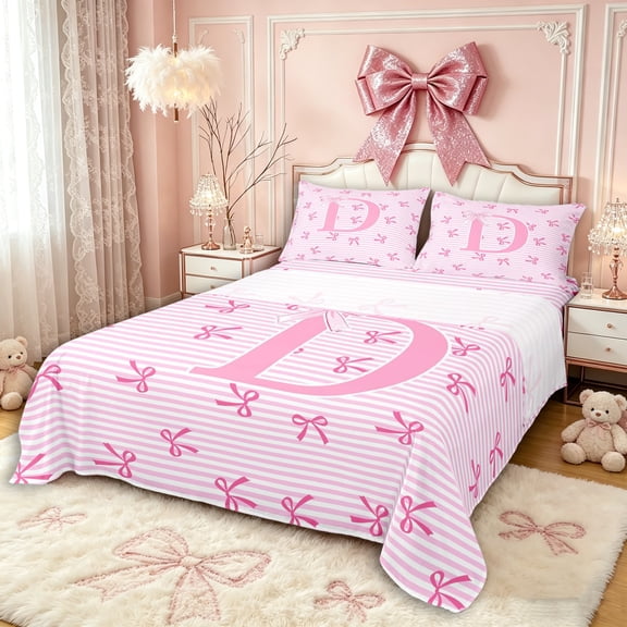Manfei Cartoon Bow Knot D Letter Monogrammed Bed Sheets 4pcs,Cartoon Ribbon Stripes King Sheets,Luxury Bedroom Decor
