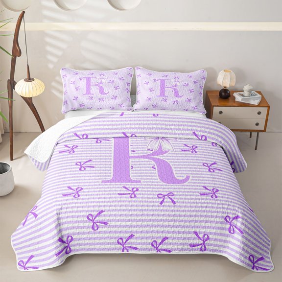 Manfei Cartoon Bow Knot R Letter Monogrammed Twin Quilt Set,Cartoon Ribbon Stripes Twin Coverlet Set