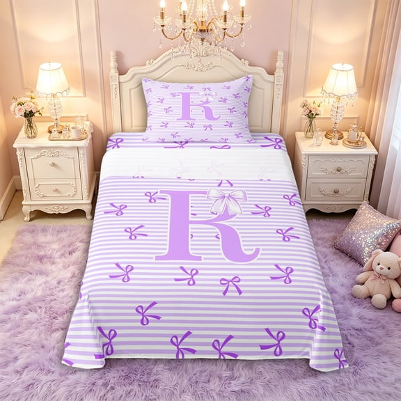 Manfei Cartoon Bow Knot R Letter Monogrammed Twin Sheet Sets 3pcs,Cartoon Ribbon Stripes Bedding,Luxury Bedroom Decor