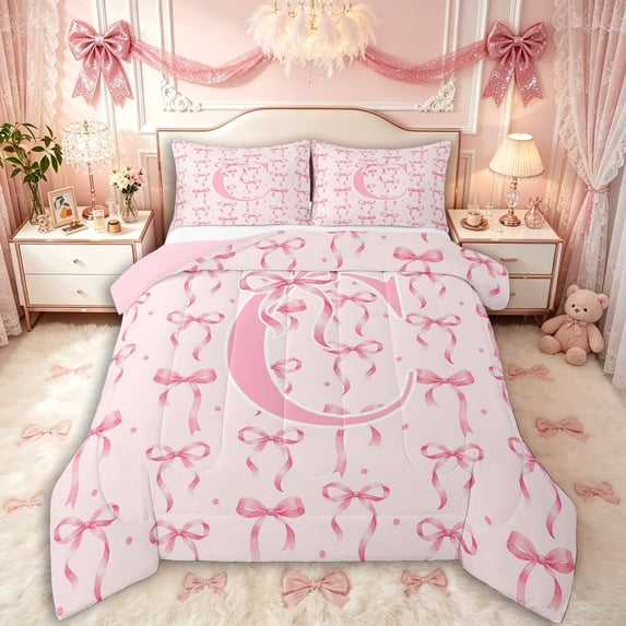 Manfei Cartoon Bow Letter C Monogrammed Full Size Comforter Sets 3 Pieces for Girls Teens,Polka Dots Cute Alphabet Bedding Sets for Kids,Pink Reversible,Super Cozy Room Decor