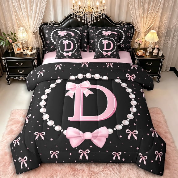 Manfei Cartoon Bow Letter D Monogrammed Twin Bedding Sets 7-Piece for Girls Teens,Princess Alphabet Pearl Bow Print Bedding Comforter Set for Kids,Pink Reversible,Breathable Home Decor