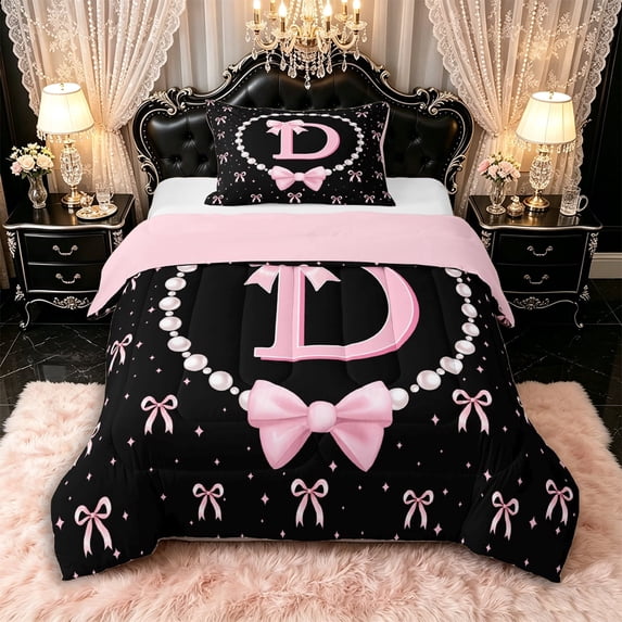 Manfei Cartoon Bow Letter D Monogrammed Twin Comforter Sets 3-Piece for Girls Teens,Princess Alphabet Pearl Bow Print Bedding Set for Kids,Pink Reversible,Breathable Home Decor