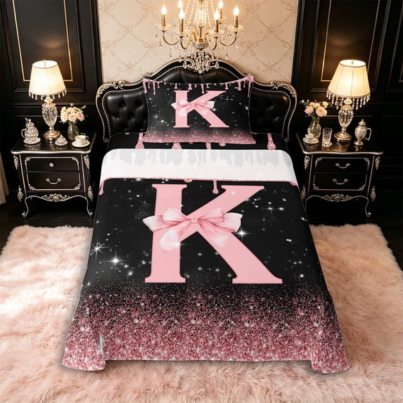 Manfei Cartoon Bow Letter K Monogrammed Twin Sheet Sets 3pcs for Girls Teens,Princess Glitter Print Bedding for Kids,Super Cozy Room Decor