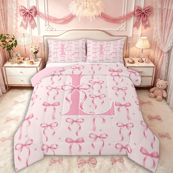 Manfei Cartoon Bow Letter L Monogrammed Queen Comforter Set 3pcs for Girls Teens,Polka Dots Cute Alphabet Bedding Comforter Set for Kids,Pink Reversible,Breathable Home Decor