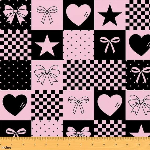 Manfei Cartoon Bow Love Heart Fabric by the Yard 1 Yard, Chic Grid Home Decor Fabric by the Yard, Pink Black