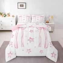 Manfei Cartoon Bow Ribbon Bedding Comforter Set,Lovely Bow Tie Twin Comforter Sets,Gradient Pink White Stars Bedding Set For Girl Teens,Breathable Home Decor Reversible,2 Pieces