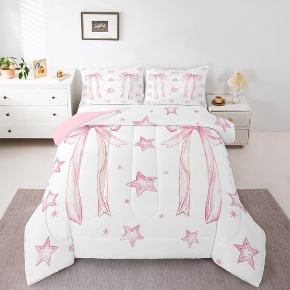 Manfei Cartoon Bow Ribbon Bedding Comforter Set,Lovely Bow Tie Twin Comforter Sets,Gradient Pink White Stars Bedding Set For Girl Teens,Breathable Home Decor Reversible,2 Pieces