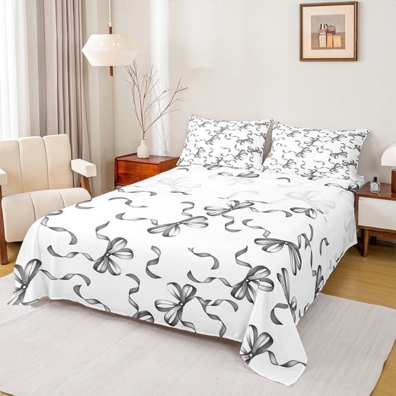 Manfei Cartoon Bow Sheet Set King, Girly Black Bowknot Bed Sheets Set King Size, Princess Cartoon King Sheet Sets, Ultra Soft Bedroom Decor, 4-Piece