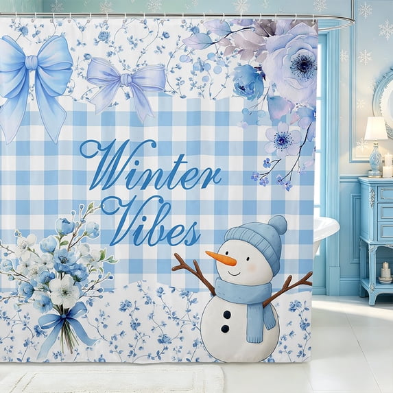 Manfei Cartoon Bow Snowman Shower Curtain 72Wx72L,Merry Christmas Bathroom Curtain
