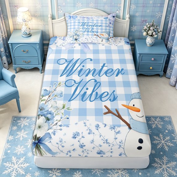 Manfei Cartoon Bow Snowman Twin Fitted Sheet 2 Pieces,Merry Christmas Bedding,1 Fitted Sheet and 1 Pillowcase