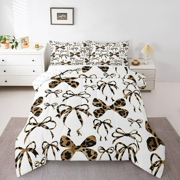 Manfei Cartoon Bow Tie 3pcs King Size Comforter Sets,Leopard Print Bedding Comforter Set,Dreamy Princess Bedding Set,Ultra Soft Cute Room Decorative,Reversible